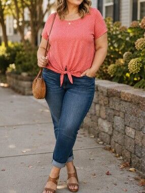 MY STYLE Plus Size Coral 100% Cotton Floral Tie-Hem Short Sleeve Tee Casual